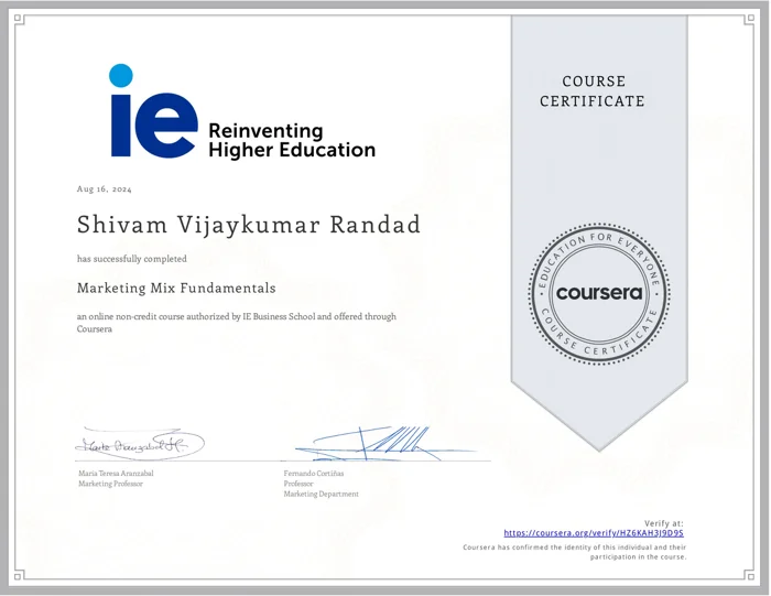 Marketing Mix Fundamentals · certificate